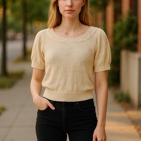 Vintage Petite Ways Off White Cream Short Sleeve Collared Sweater - Picture 2 of 16